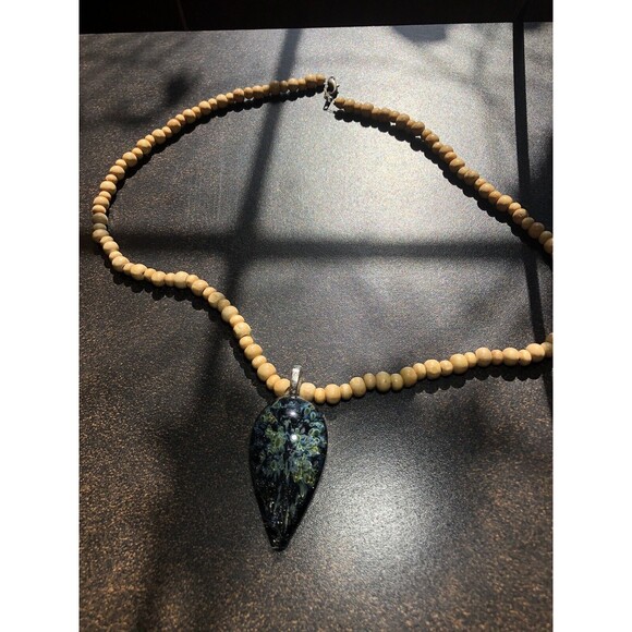 Boro Art Glass Pendant On 19" Wooden Bead Necklace Boho Style Artisan Made 2008 - Picture 3 of 14